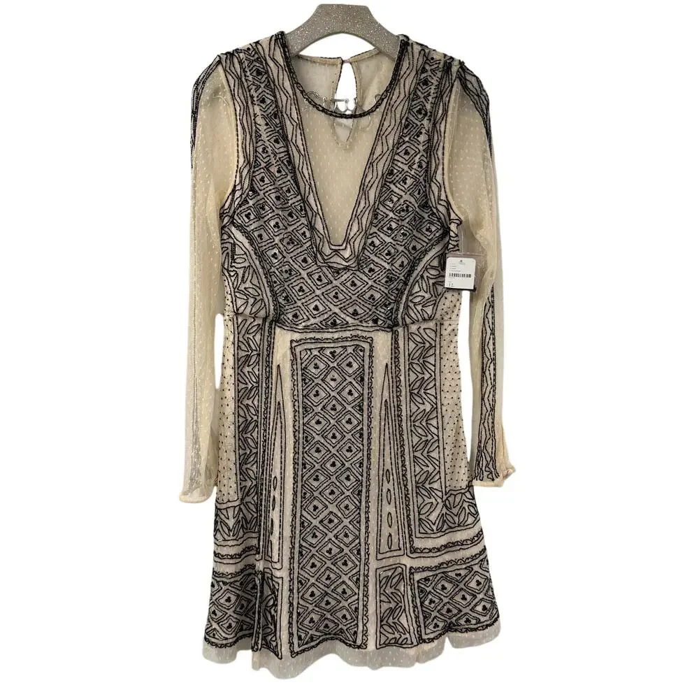 FreePeople Valentina Beaded Party Dress 12 Long Sleeve Sheer Lined Intricate NWT